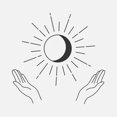 Prayer concept. Praying hands, moon and sun, religion illustration. Ramadan kareem, happy new day. Vector