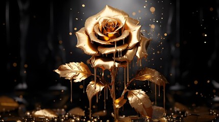 Golden Rose flower with paint splatter on black. Gold Rose Flower Art painting for wall frames. Ai generative.
