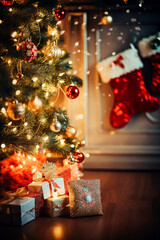 Generative AI illustration of gift boxes and socks wrapped in shiny paper under christmas tree