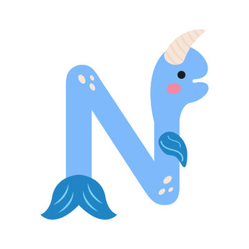 Letter N. Narwhal. Alphabet for children. Vector graphics in flat cartoon style