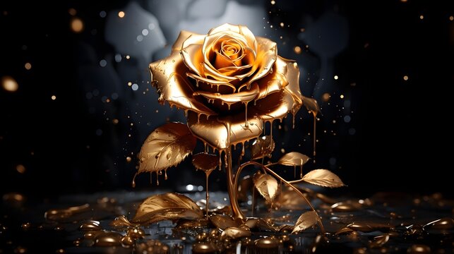 Golden Rose flower with paint splatter on black. Gold Rose Flower Art painting for wall frames. Ai generative.