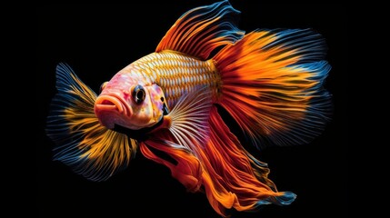 Fototapeta premium A colourful vibrant exotic fish deep underwater on a dark background