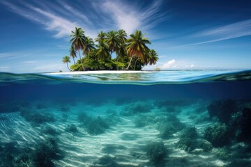 Tropical island with palm trees in the middle of an ocean and underwater life. Split view with waterline.