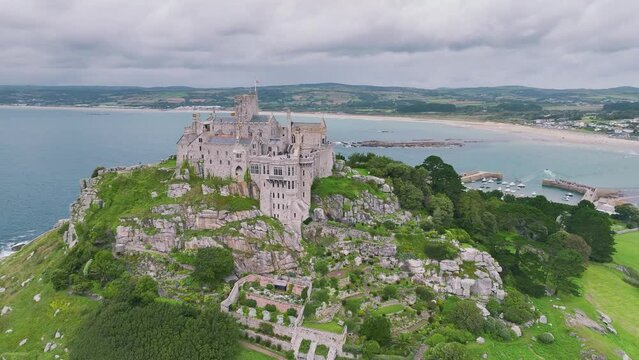 St Michael's Mount from a drone, Marazion, Penzance, Cornwall, England