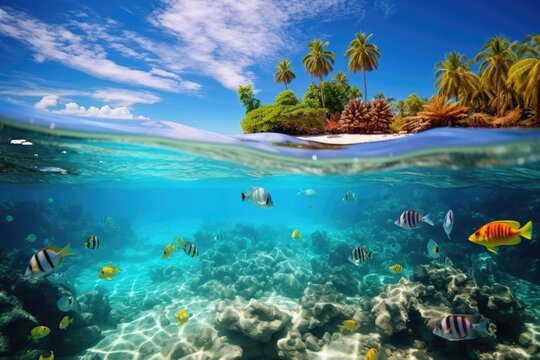 Tropical island with palm trees in the middle of an ocean and underwater life with colorful fish. Split view with waterline.