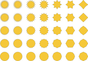 ジグザグ･ギザギザのラベルセット　ベクター　黄色　金色　Set of vector starbursts. Collection of isolated labels.