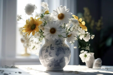 A beautiful bouquet of summer flowers in a vase. Living room decoration. Generated AI