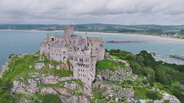 St Michael's Mount from a drone, Marazion, Penzance, Cornwall, England