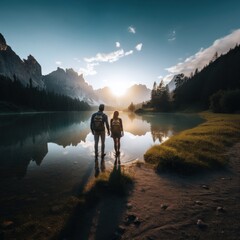 hiking romantic couple at mountain lake at sunrise