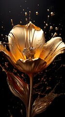 Golden Tulip flower with paint splatter on black. Flower Art painting for wall frames. Ai generative.