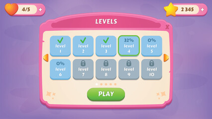 Levels. GUI Kit casual assets for a game mobile, a set of user interface elements and pop-ups for the game interface.