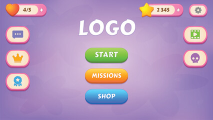 Main menu. GUI Kit casual assets for a game mobile, a set of user interface elements and pop-ups for the game interface.
