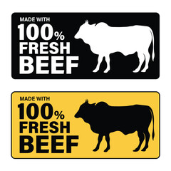 Made with 100 Percent Fresh Beef Meat, Packaging Sticker label Design, Flat Vector, Logo, Symbol, Icon, Badge, Pictogram, Printable banner, Premium Quality, Isolated illustration, Latest Modern Design
