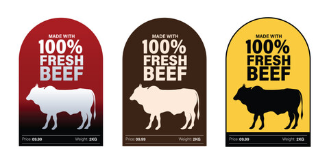 Made with 100 Percent Fresh Beef Meat, Packaging Sticker label Design, Flat Vector, Logo, Symbol, Icon, Badge, Pictogram, Printable banner, Premium Quality, Isolated illustration, Latest Modern Design