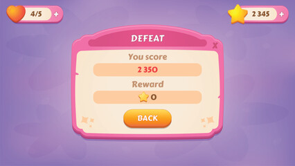 Defeat. GUI Kit casual assets for a game mobile, a set of user interface elements and pop-ups for the game interface.