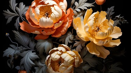 Painting of orange and silver Peony flower bouquet on black. Art painting for wall frames. Ai generative.