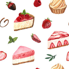 Watercolor seamless pattern desserts, piece of cheesecake with fresh strawberries. Hand-drawn illustration isolated on white background. Perfect food menu, food drawing, design packing, print