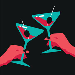 Flat illustration party drinkig. Cheers! Martini glasses with hands isolated on black background