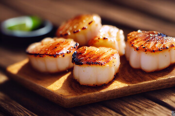 delicious grilled scallops - obrazy, fototapety, plakaty