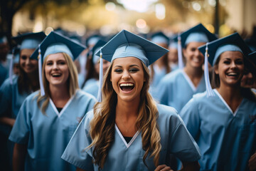A group of nursing students celebrating their graduation, symbolizing the beginning of a rewarding and fulfilling career in nursing. Generative Ai