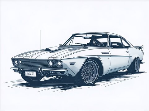 Sport car moving. Cartoon blueprint style. AI generated illustration