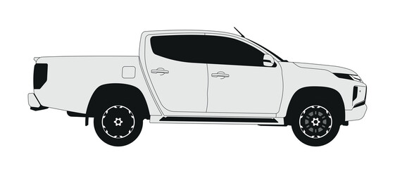 Naklejka premium White pickup sideview isoated. No background. Fully editable lines.