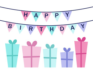Happy birthday card with gifts and a garland of paper flags