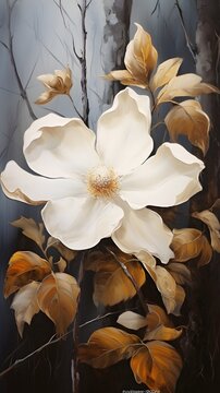 White and golden magnolia flower on textured background. Abstract art painting for wall frames. Elegant light beige and bronze flower wall art. Ai generative.