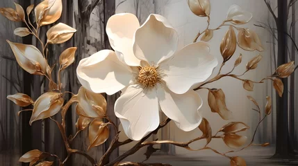 Fotobehang White and golden magnolia flower on textured background. Abstract art painting for wall frames. Elegant light beige and bronze flower wall art. Ai generative. © Lucky Ai
