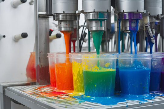 High-speed homogenizer blending colorful paint pigments with precision in a laboratory setting
