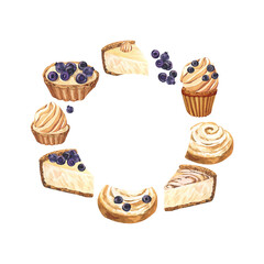 Watercolor frame dessert muffin, cupcake, bun, tart, cheesecake with blueberry. Hand-drawn illustration isolated on white background. Perfect food menu, design packing, bakery shop, cooking, tea party