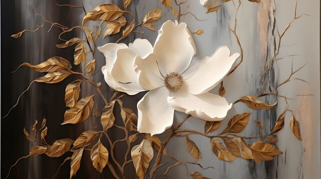 White And Golden Magnolia Flower On Textured Background. Abstract Art Painting For Wall Frames. Elegant Light Beige And Bronze Flower Wall Art. Ai Generative.