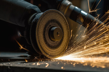 Macro shot of a flap disc attached to an angle grinder, grinding down a weld on a metal surface with bright sparks flying off