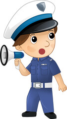 Cartoon character policeman boy at work isolated illustration for children