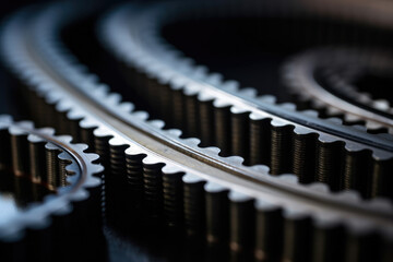 Macro shot of a timing belt in motion, showcasing its power transmission capabilities and precision