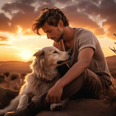 Young man playing with his golden retriever dog in the field at sunset. World Animal Day concept.
