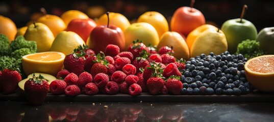 Fototapeta na wymiar Healthy food clean eating selection fruit, vegetable, seeds, superfood, cereal, leaf vegetable on gray concrete background, Generative AI