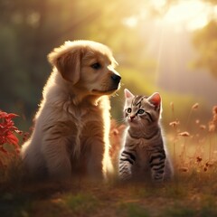 Golden retriever puppy and tabby kitten together in autumn park. World Animal Day concept.