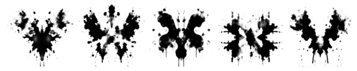Rorschach inkblot test in halftone texture. Symmetrical abstract ink stains for grunge punk design. Geometric glitch distressed shapes with halftone dither dot print texture. Vector illustration - obrazy, fototapety, plakaty