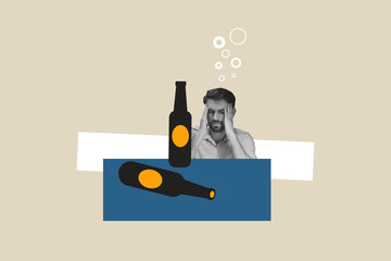 Composite collage picture of black white colors guy suffer hangover headache empty beer bottle isolated on drawing background