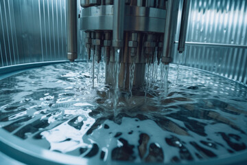 Metallic agitator blades rotating inside a steel tank filled with bubbling chemicals in a laboratory setting