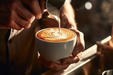 Cafe latte or cappuccino in a beautifully designed coffee cup is a lifestyle concept that creates a fantastic atmosphere with fantastic art by a top chef.