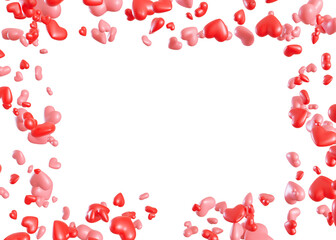 Pink, red hearts on transparent background, PNG. Cute foreground. Frame, border with copy space in the middle. Cut out graphic design elements. Valentine's Day decoration. Love symbol. 3D.