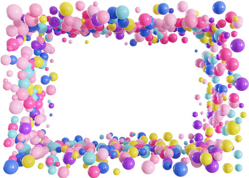 Colorful balloons on transparent background. Multicolor, vibrant foreground, PNG. Frame, border with copy space in the middle. Cut out graphic design elements. Happy birthday, party decoration. 3D.