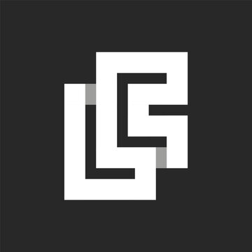 Initials LC or CL bold letters logo monogram from wide stripes on a black background. Overlapping white parallel lines with shadows in shape two letters C and L creative identity logotype.