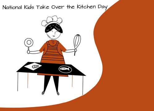 a happy girl wearing a cooking hat and cookware icon,Vector Illustration cartoon doodle style. National Kids Take Over the Kitchen Day on September 13
