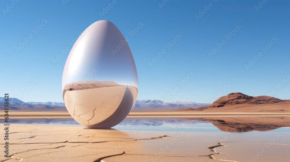 Poster a large egg shaped object in the desert with a blue sky. generative ai image.