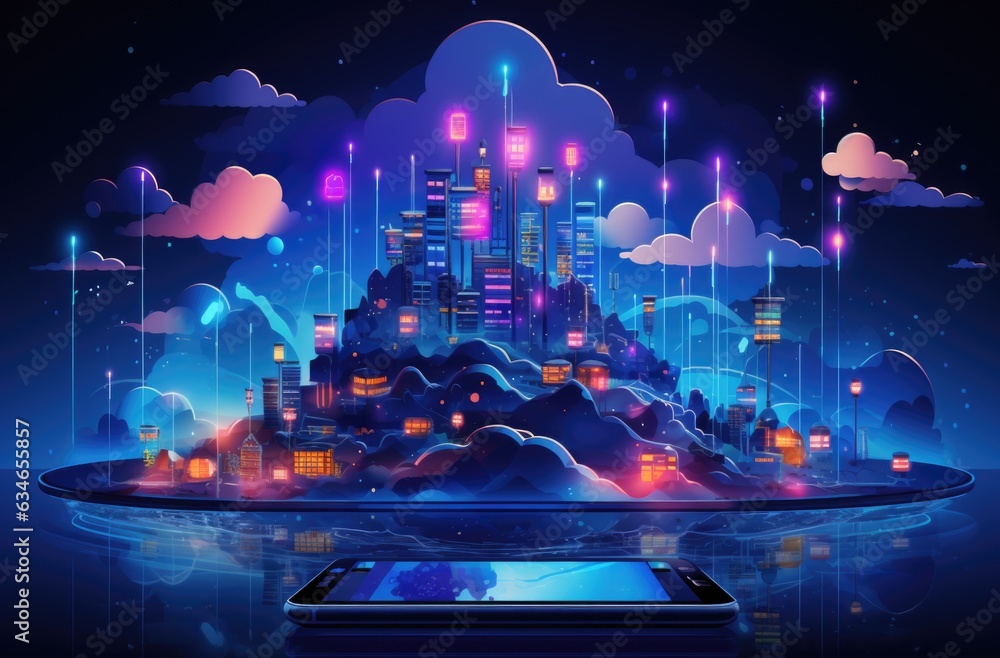 Aufkleber smartphone with city and clouds on it. generative ai image.