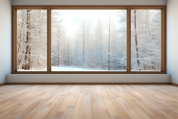 Empty room with warm wooden floor and windows with winter snowy landscape view through the window, real estate concept suitable for environment and nature.