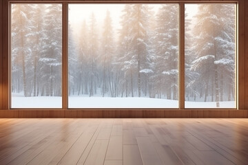 Empty room with warm wooden floor and windows with winter snowy landscape view through the window, real estate concept suitable for environment and nature.